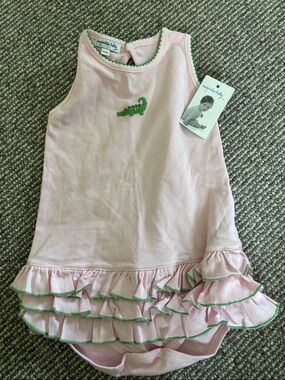 Pink Ruffled Baby Romper with Green Trim - Alligator Accent